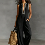 Women's Minimalist Linen Blend Sleeveless Jumpsuit With Zipper And Stand Collar, Featuring Embroidery MDZ0627B3Y