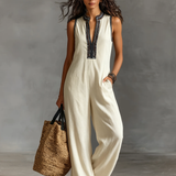 Women's Minimalist Linen Blend Sleeveless Jumpsuit With Zipper And Stand Collar, Featuring Embroidery MDZ0627B3Y