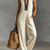 Women's Minimalist Linen Blend Sleeveless Jumpsuit With Zipper And Stand Collar, Featuring Embroidery MDZ0627B3Y