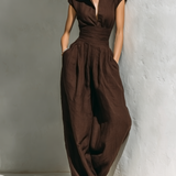 Women's Minimalist Linen Blend Jumpsuit With Cap Sleeves And Wide Legs MDZ0863A5Y