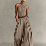 Women's Taupe Cotton-Blend Jumpsuit With Halter Neck & Wide-Leg Silhouette, Timeless Boho-Elegant Style Jumpsuit (Without Belt) MDZ0940C3I