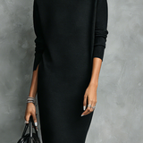 Women's Elegant Black Knitted Turtleneck Long-sleeved Loose-fitting  Midi Dress With No Pockets MDA1974L7AN