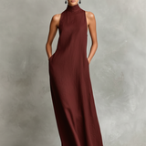 Women's Black Linen-Blend Maxi Dress With High Neck & Side Pockets, Timeless Minimalist Casual Dress MDZ2597D7LYL