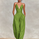 Women's Red Linen Jumpsuit With Spaghetti Straps & High-Waisted Pleated Pants, Timeless Romantic-Elegant Style Jumpsuit MDZ1915C8I