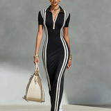 Women's Grey Stretchy Knit Zip Polo Collar & Vertical Side Stripes Maxi Dress MDZ2497F8LYL