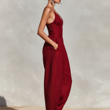 Women's Red Linen Jumpsuit With Spaghetti Straps & High-Waisted Pleated Pants, Timeless Romantic-Elegant Style Jumpsuit MDZ1915C8I