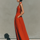 Women's Red Linen Maxi Dress With Halter Neck & Pleated Skirt, Timeless Elegant-Resort Style Dress MDZ2016C7I